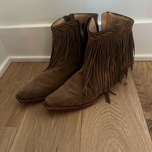 J.B. Dillon Tan Fringe Ankle Booties